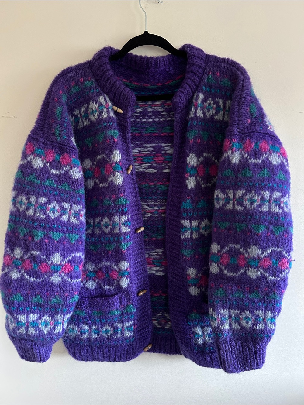 Purple Hand Knit Wool Blend Cardigan Sweater, Size L
